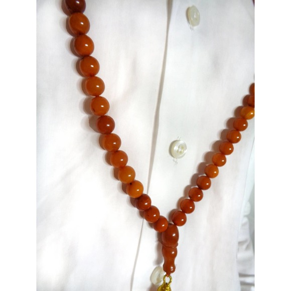 99 Bead Muslim Rosary with Minaret Butterscotch Baltic Amber Prayer Necklace 55g - Picture 8 of 10